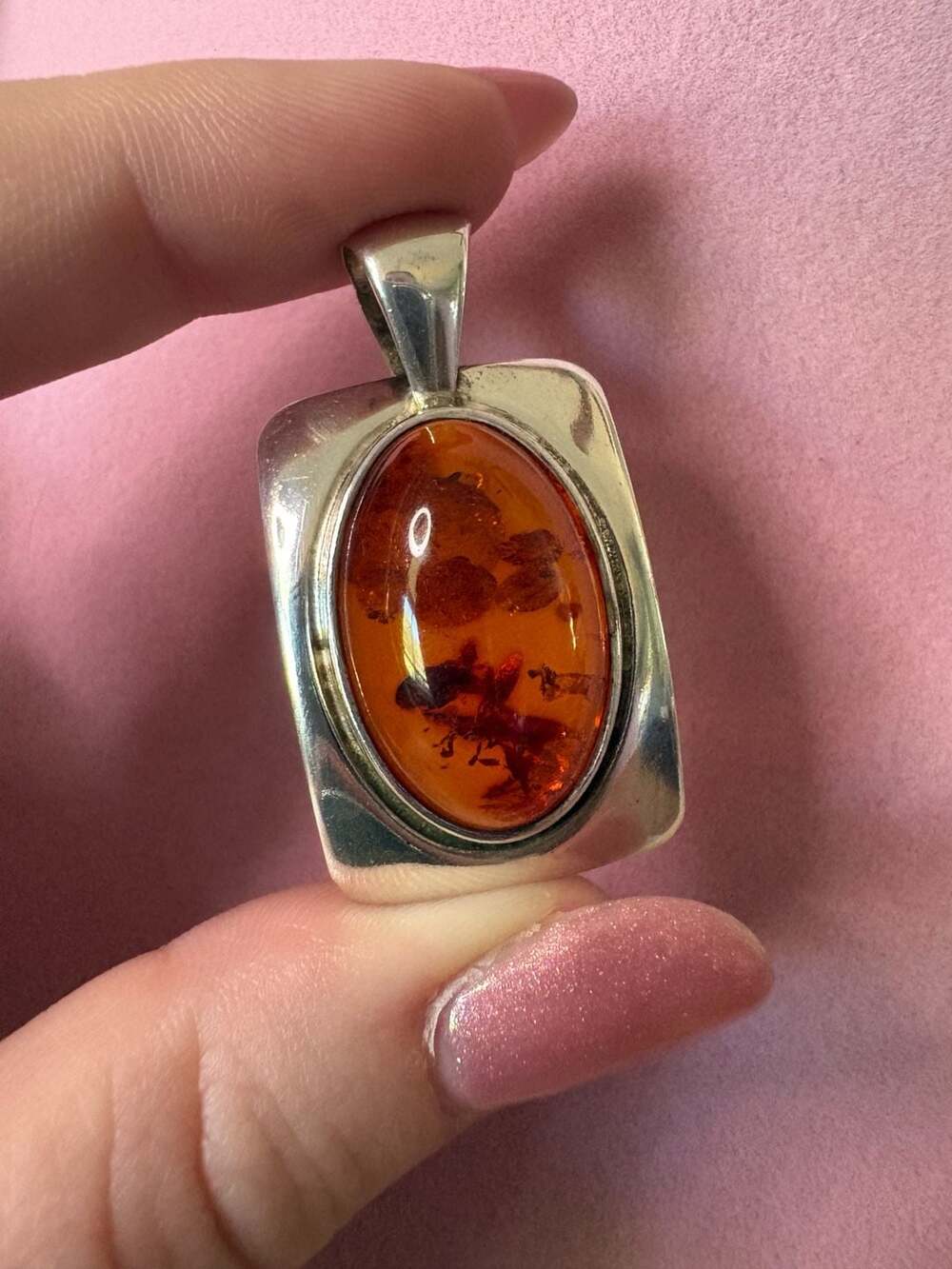 Sterling Silver 925 Baltic Amber Pendant Orange Stone Vintage